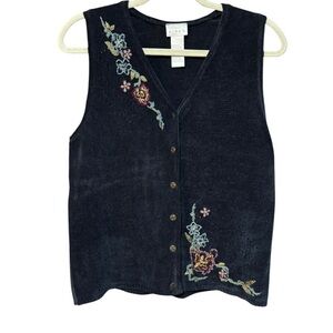 Vintage Koret Sweater Vest Floral Embroidery Button Front Sz S